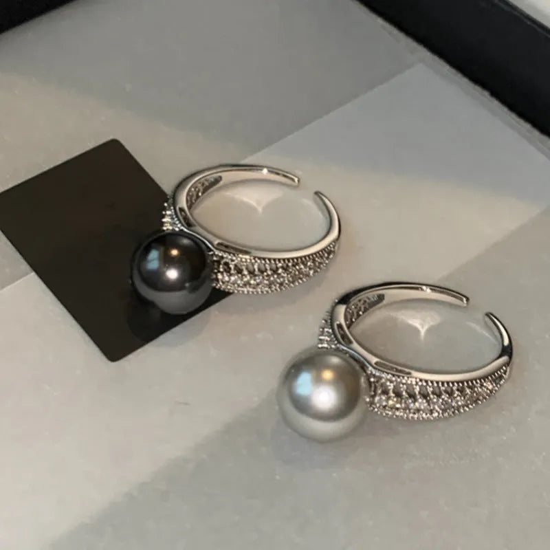 Copper geometric open ring for index finger in black pearl colour with adjustable opening