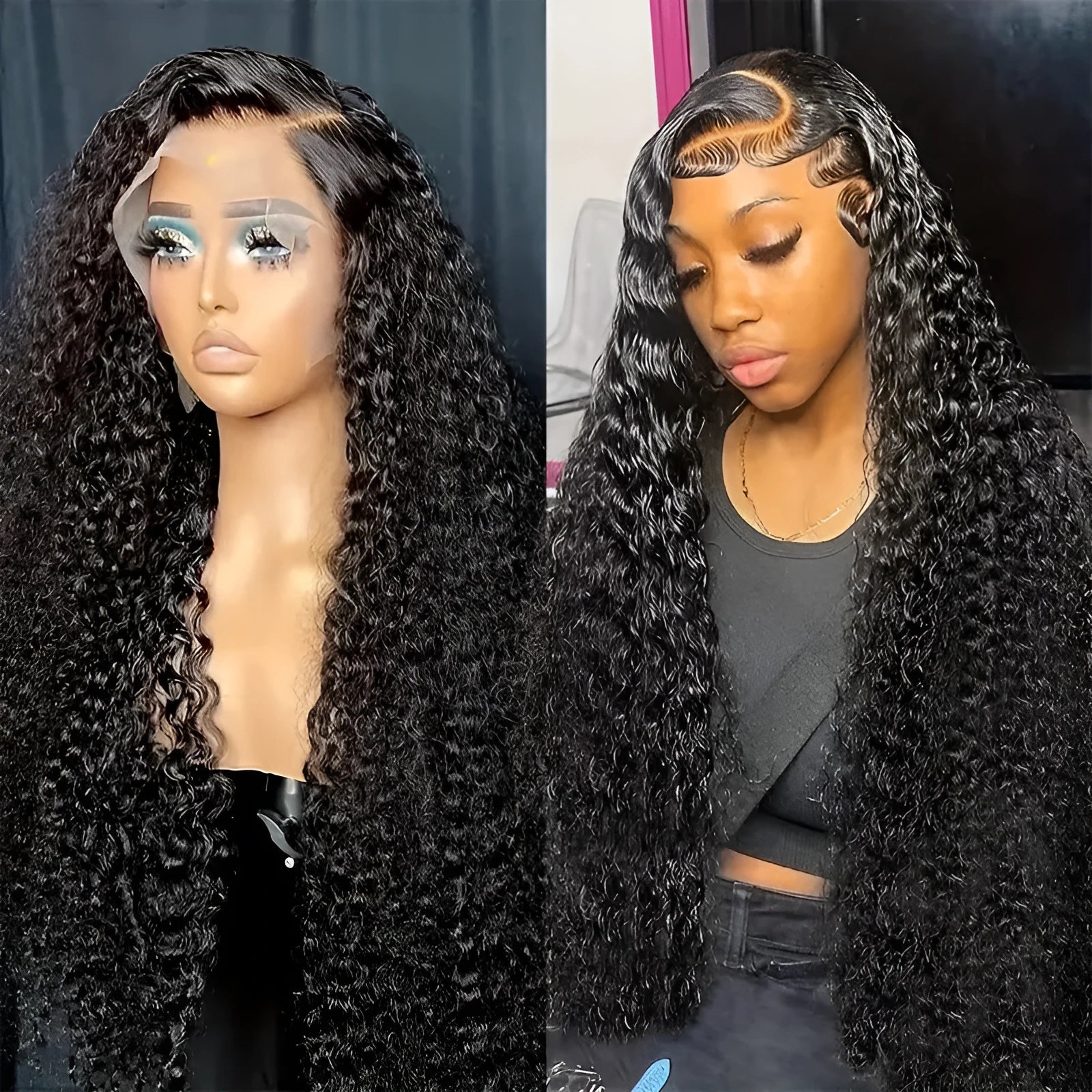 Fashion lace wig with small roll wound tube afro base and long curly hair with side bangs