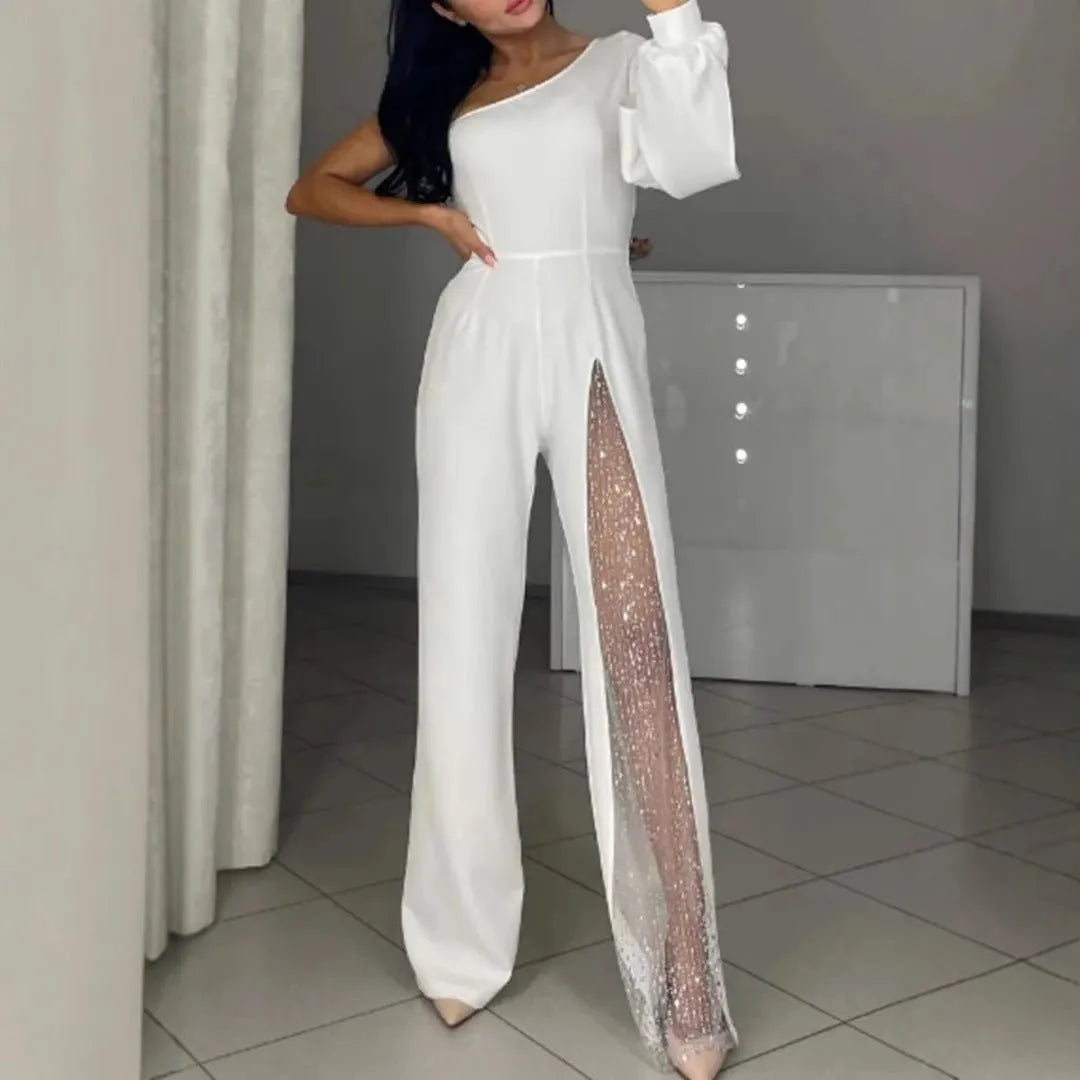 Black women's long-sleeve jumpsuit with an oblique shoulder neckline and a high thigh slit