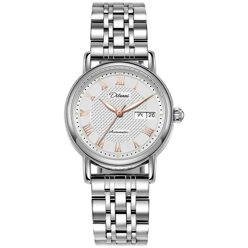 Women's automatic mechanical watch with steel case and choice of steel bracelet or coloured leather strap.
