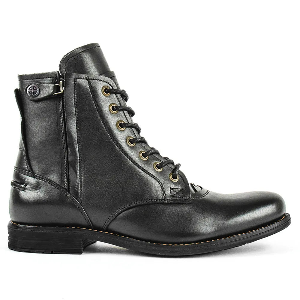 Men's brown and black two-tone leather boots with a side zipper from the Knight Series.