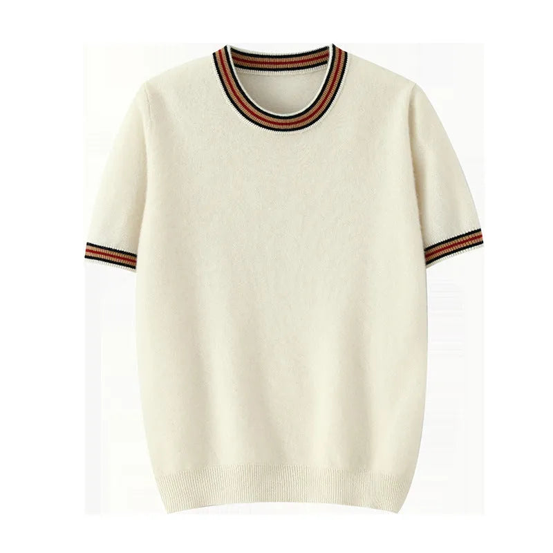 Men's short sleeve round neck wool sweater in grey on a hanger