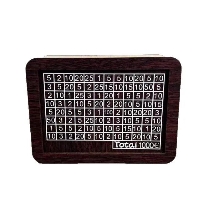 Wooden digital coin bank with retro design showing currency library styling