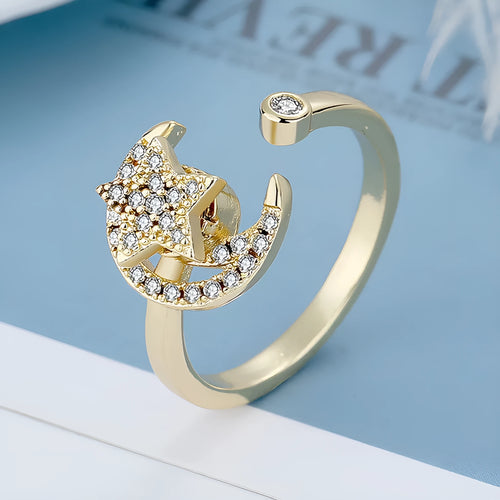 Gold adjustable anti-anxiety ring with rotating moon and micro-inlaid zircon star geometric design