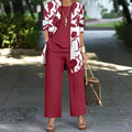 Women's blue printed three-piece casual suit featuring a long-sleeve coat, a vest, and full-length trousers.