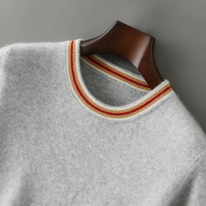 Men's short sleeve round neck wool sweater in grey on a hanger