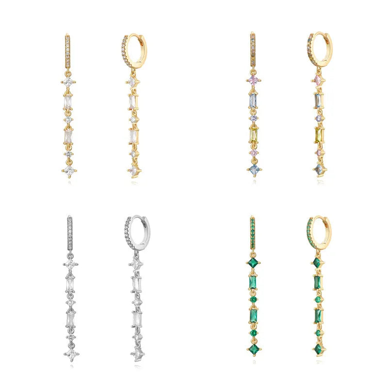 Sterling silver geometric tassel ear clips with colourful micro-inlaid zircon stones and clip-on fastening