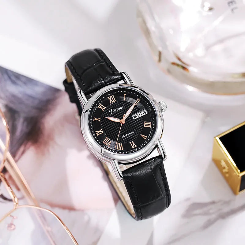 Women's automatic mechanical watch with steel case and choice of steel bracelet or coloured leather strap.
