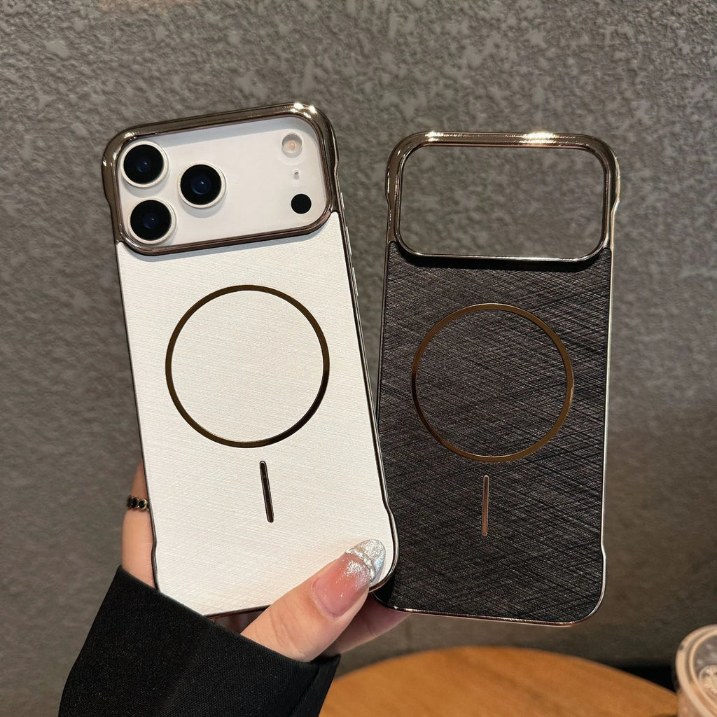 Metallic magnetic half-pack phone case for iPhone 17 in silver grey colour.