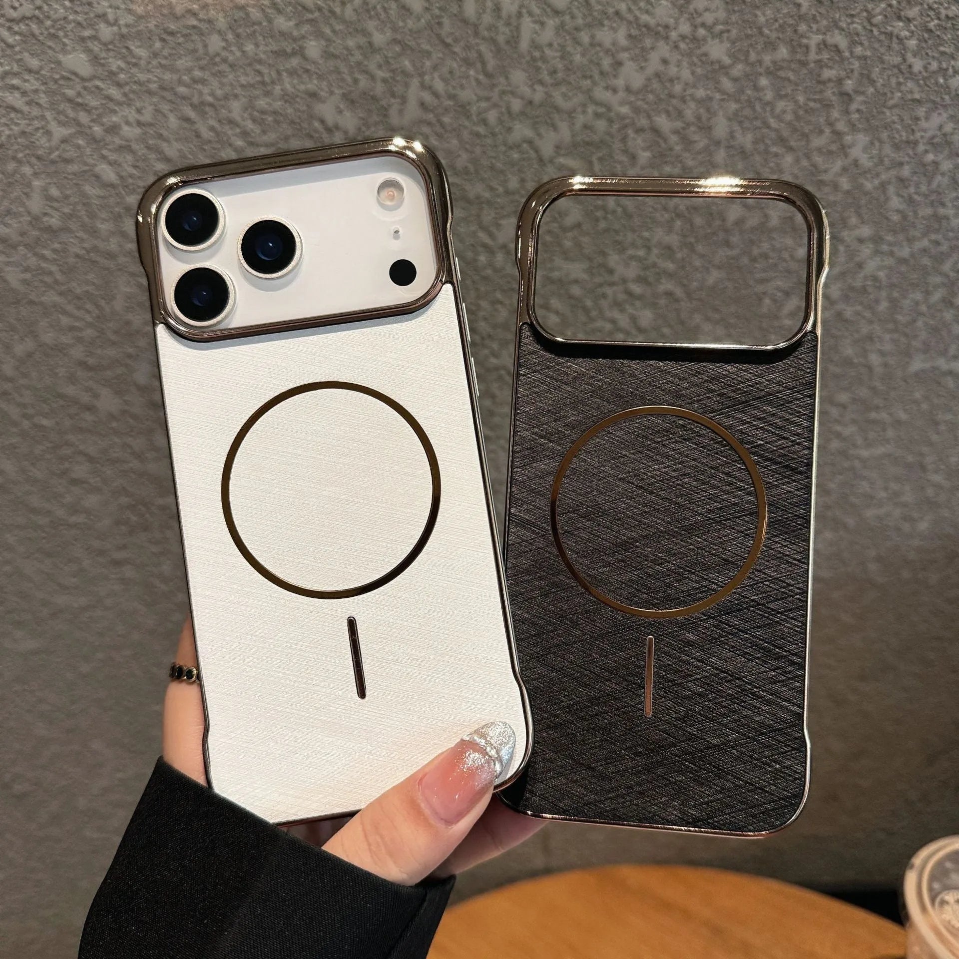 Metallic magnetic half-pack phone case for iPhone 17 in silver grey colour.