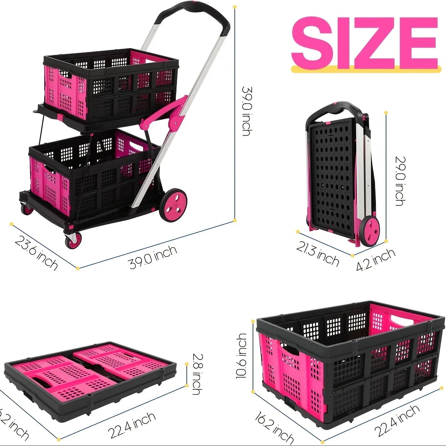 Blue foldable shopping trolley with double plastic baskets and wheels, shown with handle extended.