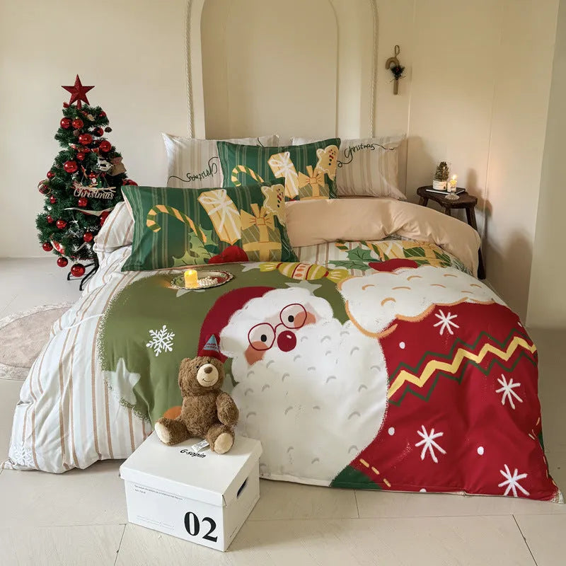 Christmas cartoon printed duvet cover and pillowcase set on a bed, showing Gingerbread Man or Tinker Bell design.