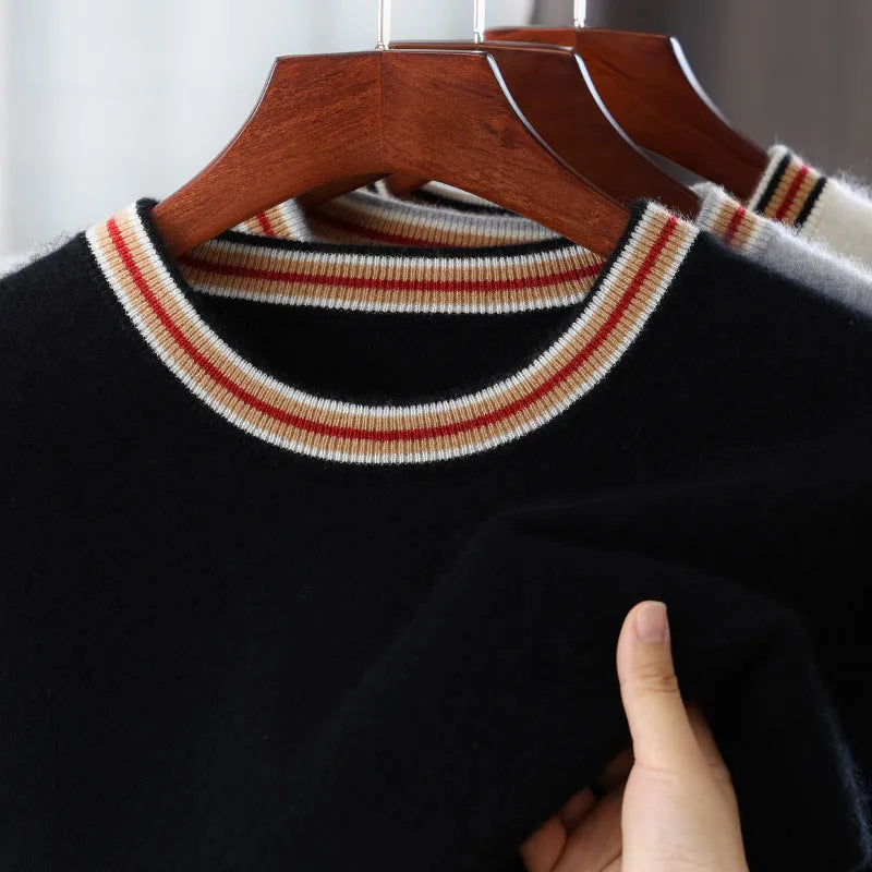 Men's short sleeve round neck wool sweater in grey on a hanger