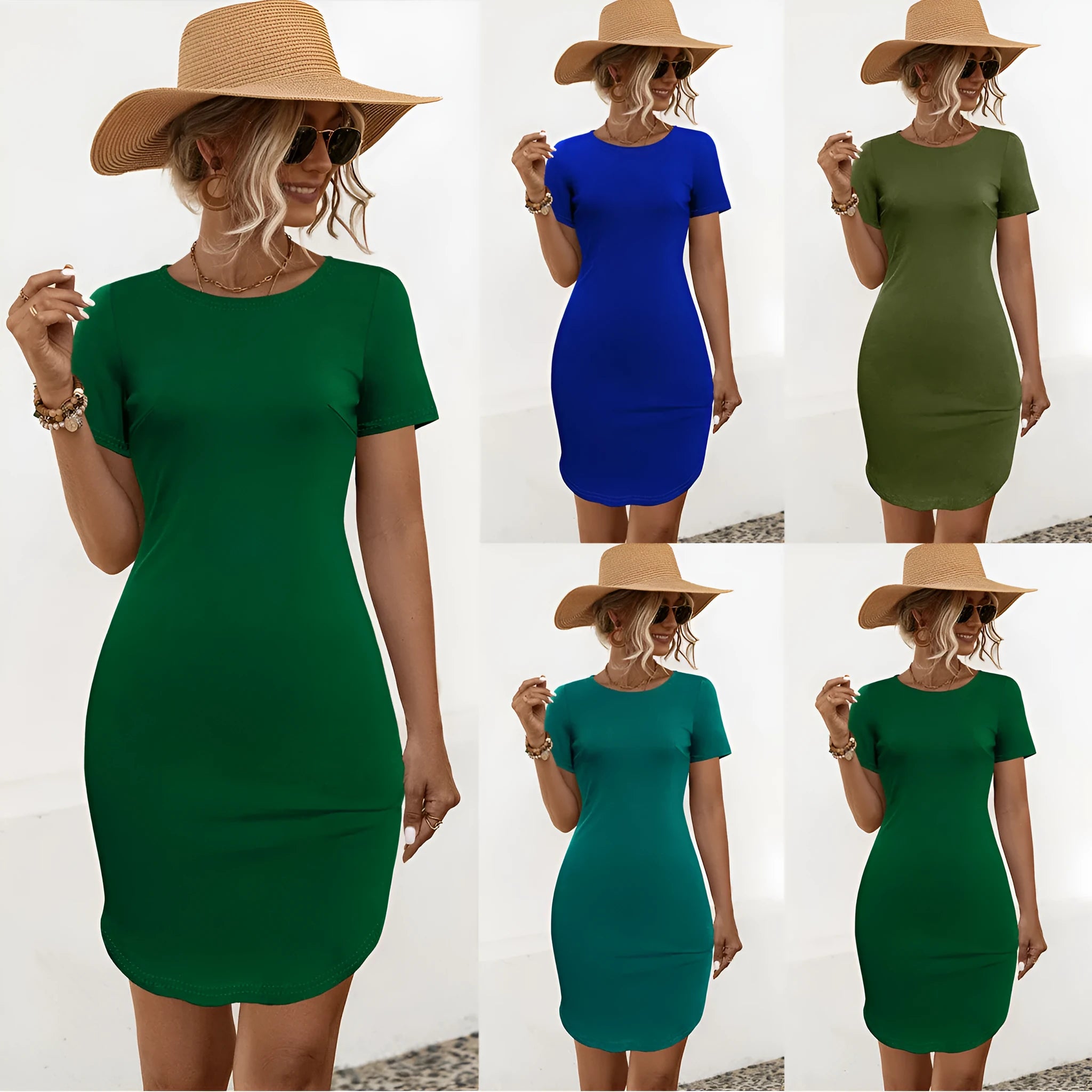 Women's slim fit solid colour dress with a U-shaped neckline and split hem detail.