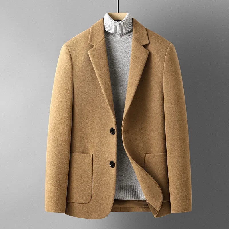 Men's grey slim-fit wool suit with a non-ironing finish for winter leisure wear.