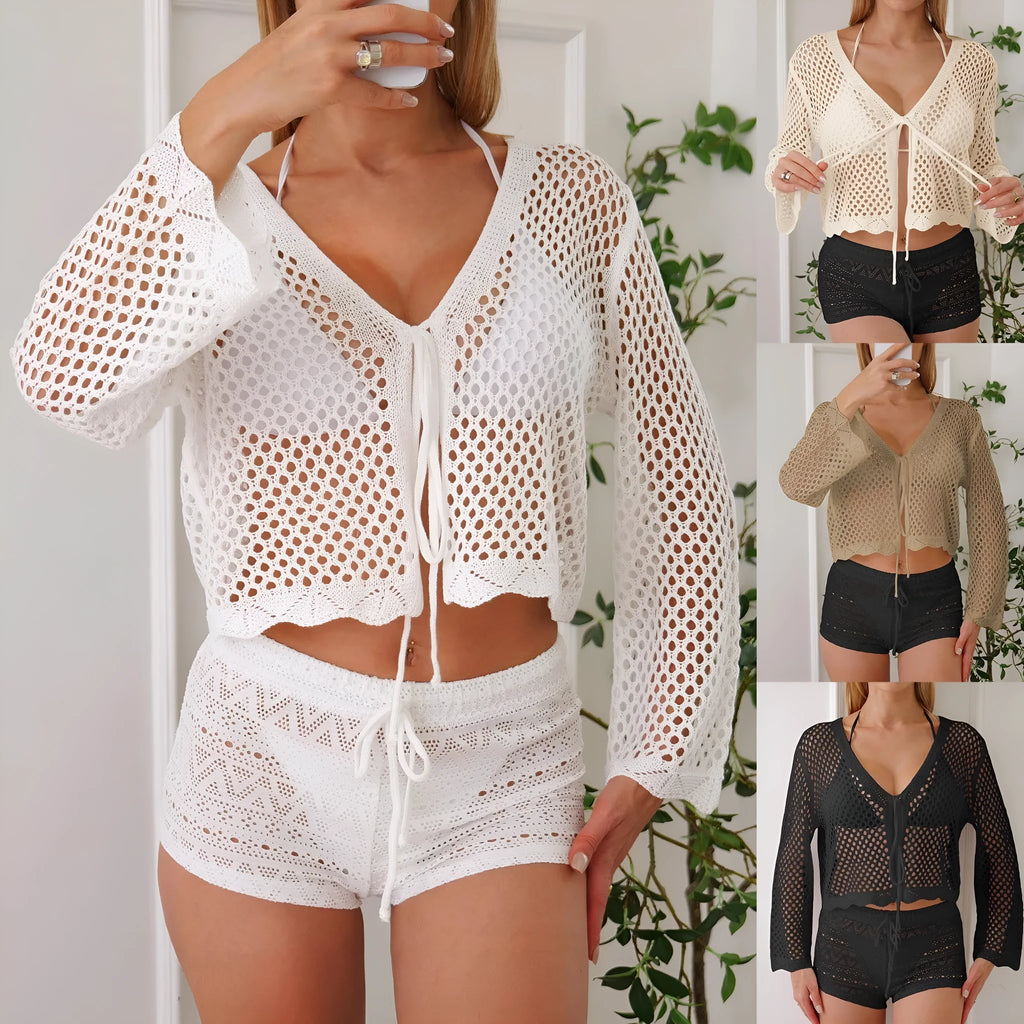 Cotton-like women's hollow woven cardigan blouse with bell sleeves in apricot colour.