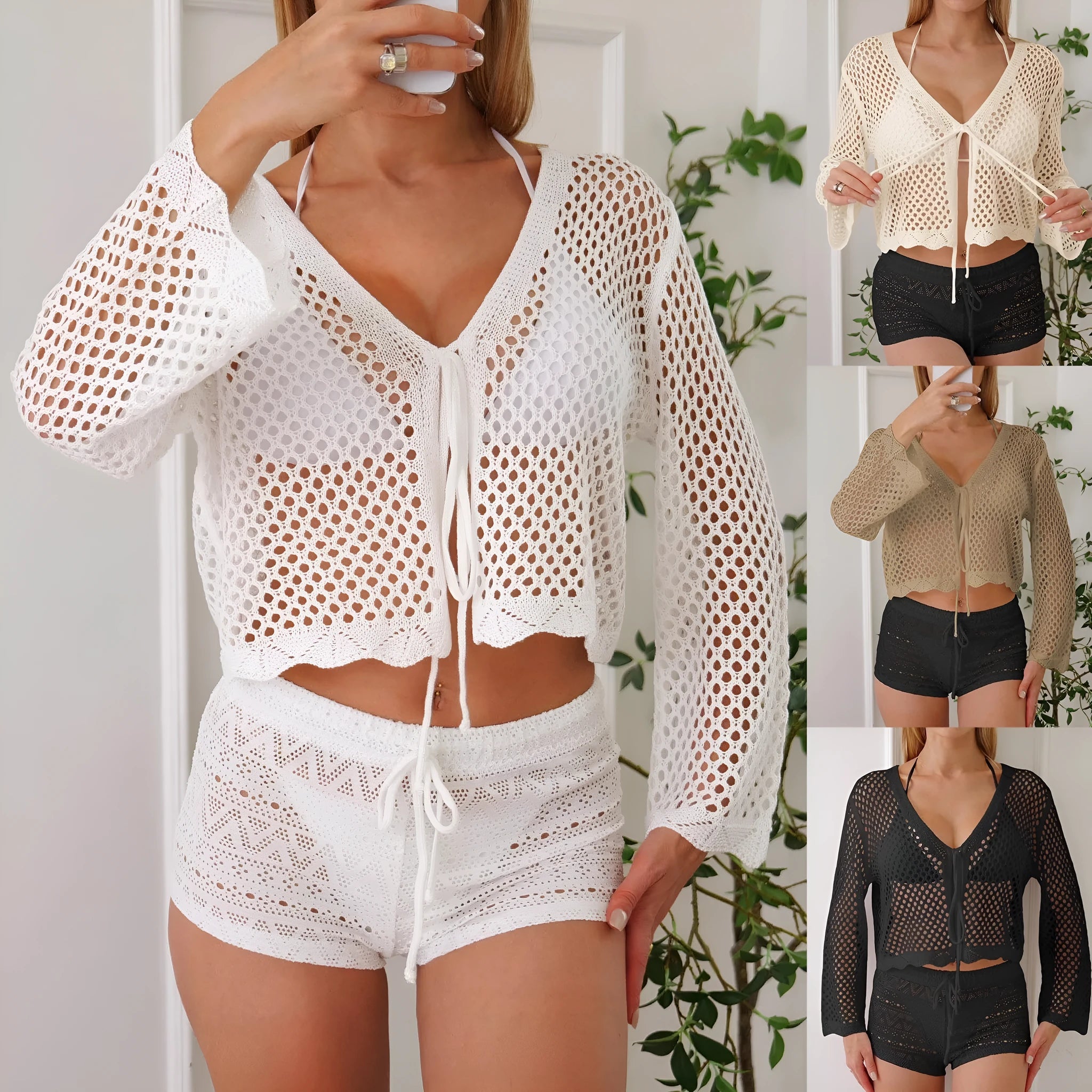 Cotton-like women's hollow woven cardigan blouse with bell sleeves in apricot colour.