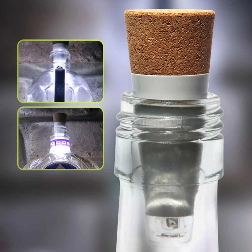 White plastic LED bottle cap light with 15 LEDs, shown on a wine bottle neck for decoration.