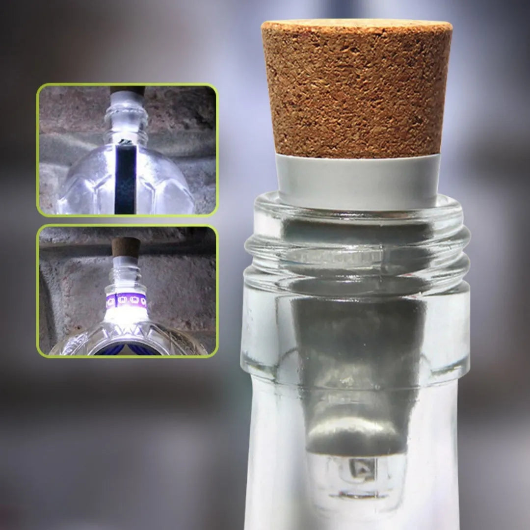 White plastic rechargeable LED bottle cap light with 15 small LEDs, shown next to a wine bottle for scale.