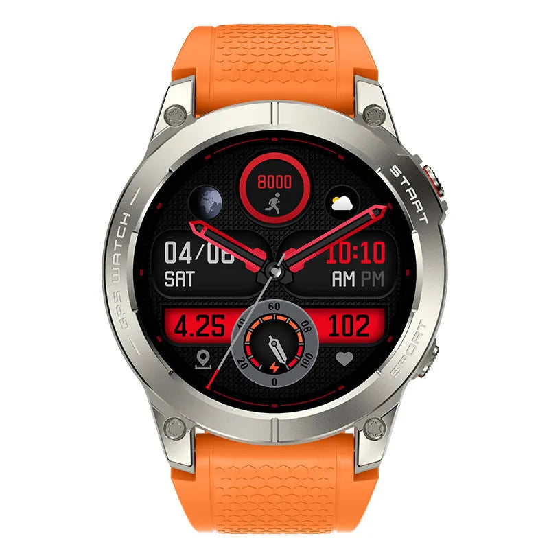 S53 Outdoor GPS Sports Call Smart Watch in black or orange with 1.43-inch IPS screen and silicone wristband