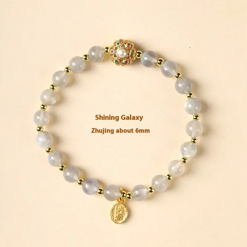 Hand-woven crystal bracelet with grey moonstone, sunstone, and strawberry quartz 6mm beads