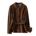 Yellow brown mid-length cashmere coat with a Peter Pan collar and decorative leather stitching on the front.