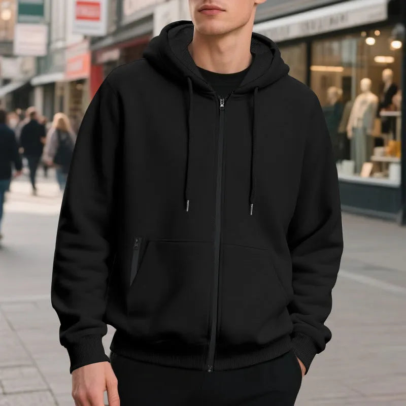 Men's fleece-lined loose drawstring hooded zip-up sweater in six colour options and sizes S to XXXL