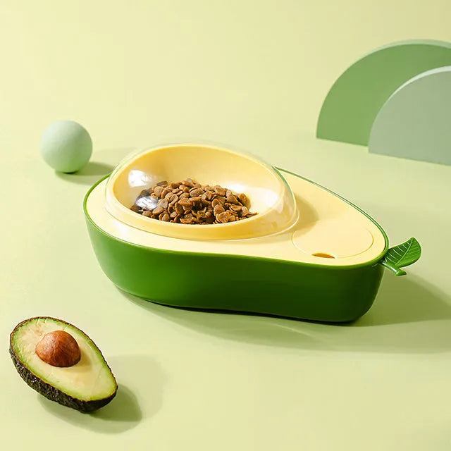 Avocado-shaped automatic cat water dispenser and slow feeder bowl with separate food sections