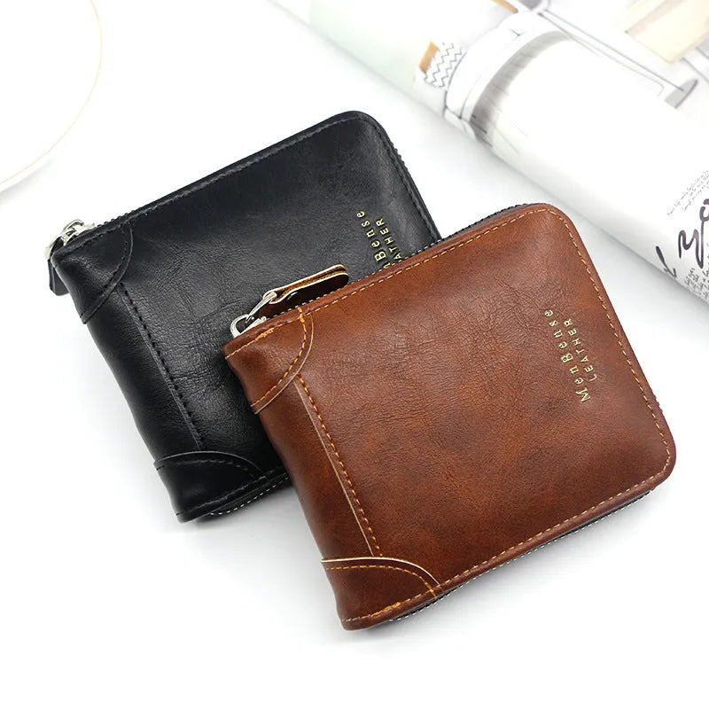 Men's short zipper coin purse in PU leather, available in black, dark brown, and light brown