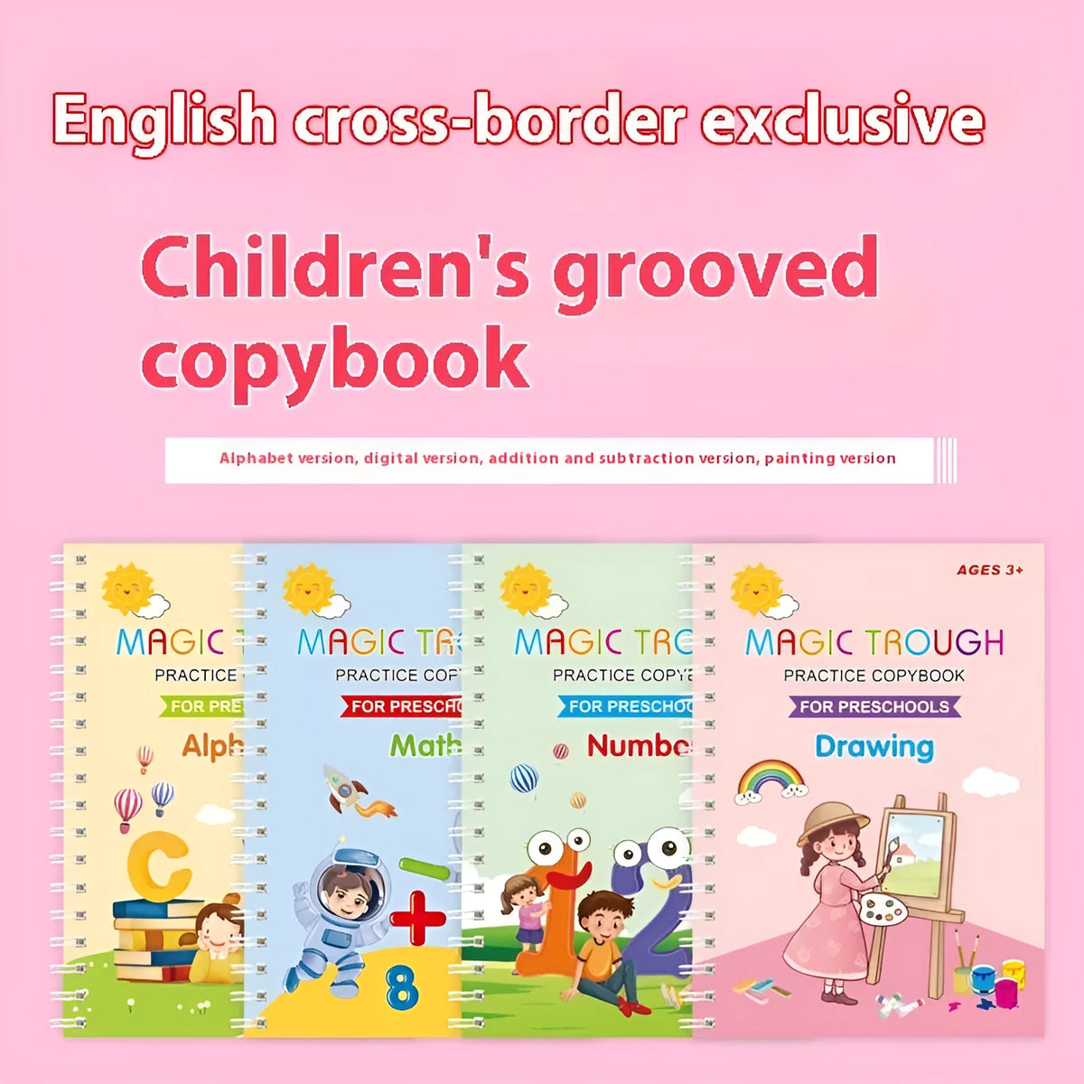 Children's calligraphy practice book set with grooves and refill pens on white cardboard