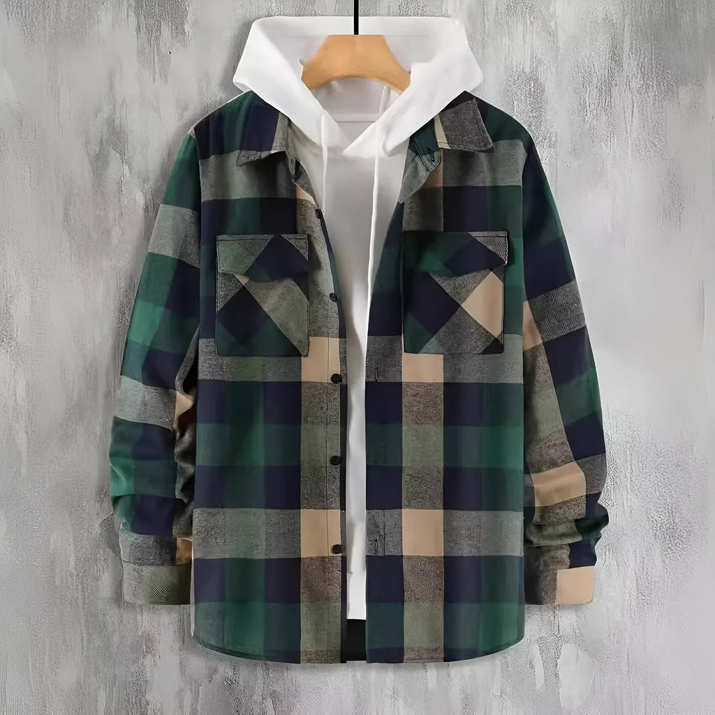 Dark green men's cotton plaid cardigan shirt with cardigan front, available in sizes S to XXL