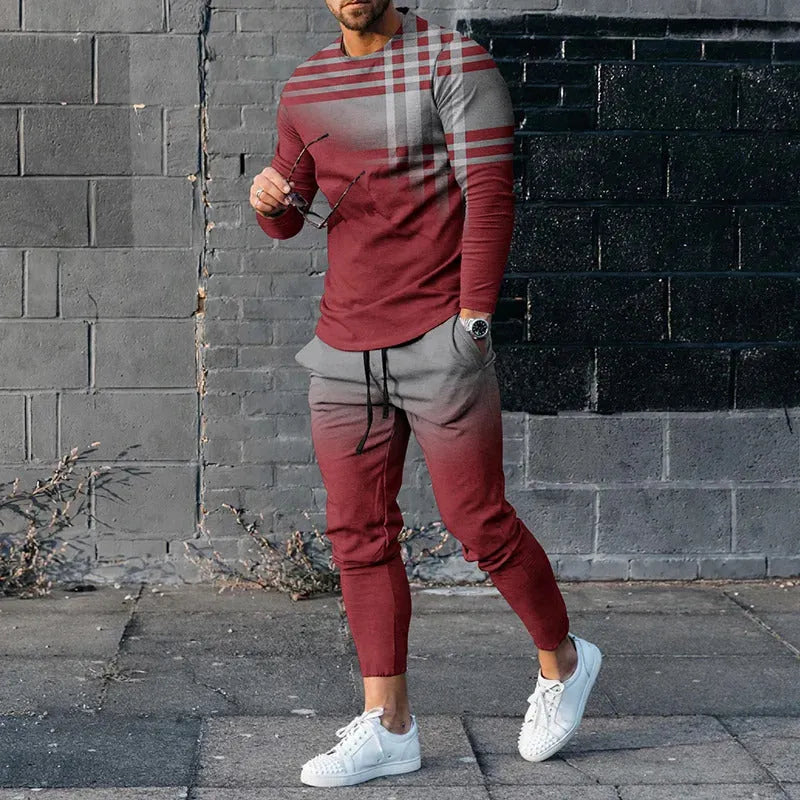 Men's round neck striped sweatshirt suit set with long sleeves and trousers in 90% polyester, multiple colours available