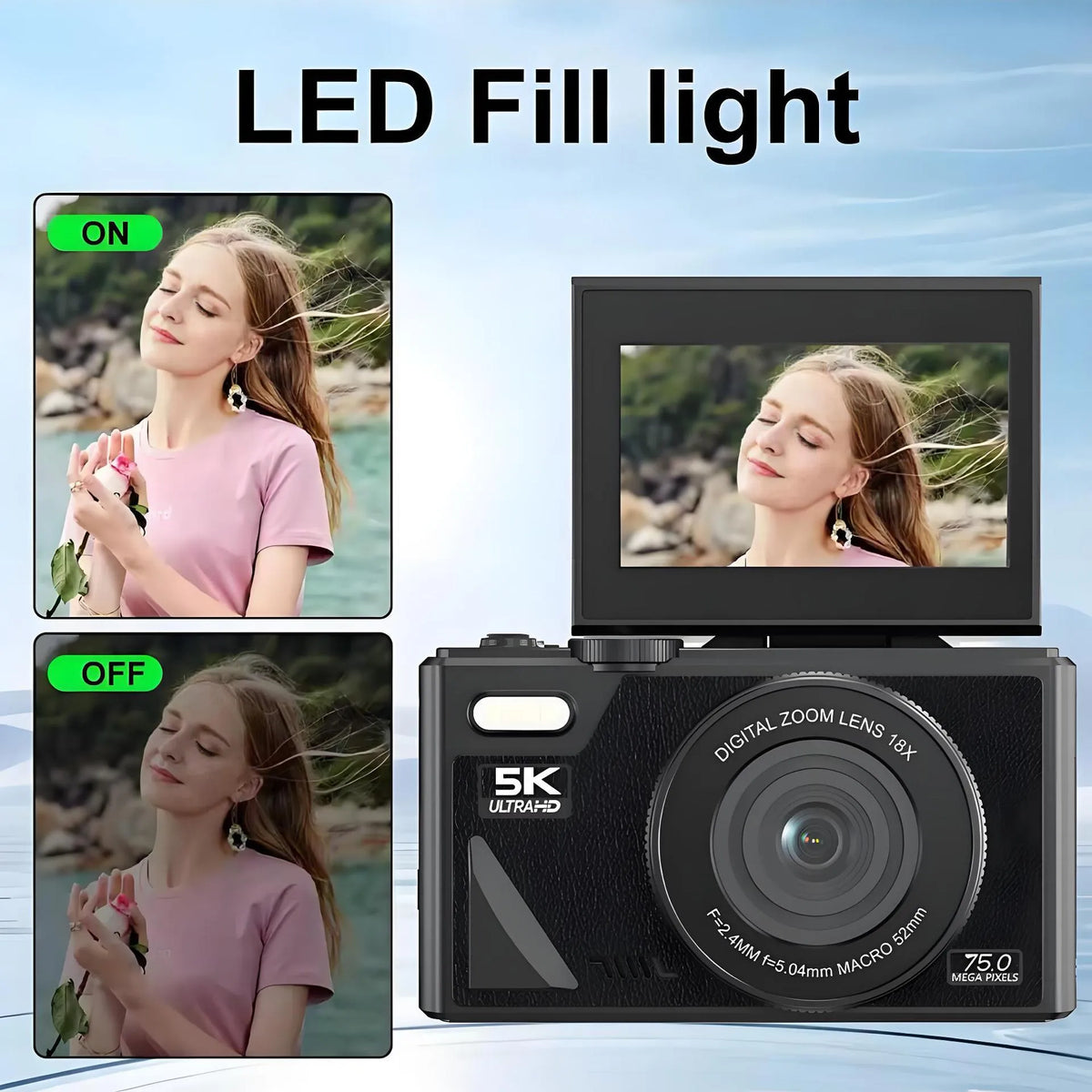 Compact CCD HD digital camera with WiFi transmission, full HD screen, 11.5cm x 4.6cm x 6.95cm, in black, pink, or white