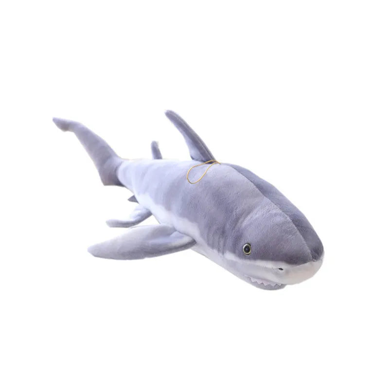 Lifelike soft shark plush toy in shark colour, available in 60cm, 100cm, and 140cm heights, net pocket packaging