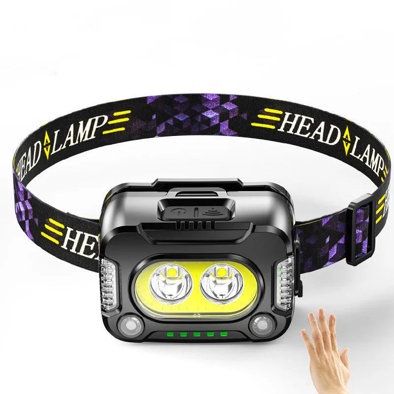 Black COB LED rechargeable headlamp with touch switch, 200m beam, Type-C charging, for fishing and running