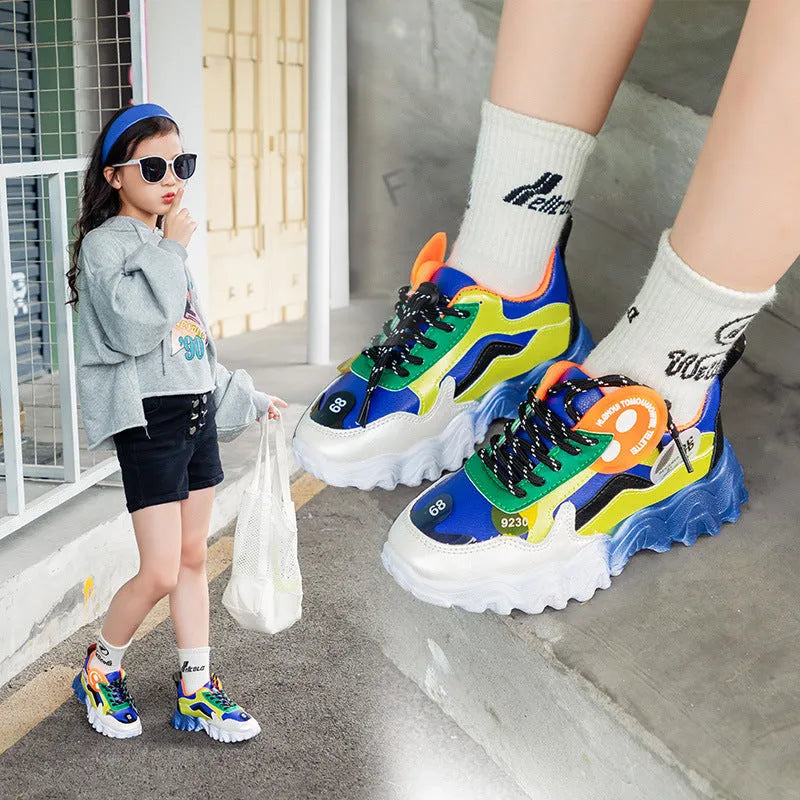 Children's colourblock wave bottom casual sneakers in blue and orange, PU upper, sizes 26 to 37
