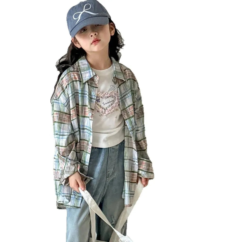 Little Red Fish blue plaid cotton long sleeve shirt for girls 110cm-160cm spring autumn casual