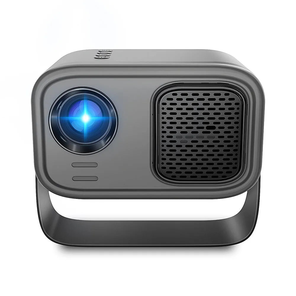 Black portable smart projector with remote control showing 1280x720 HD resolution and Android interface