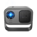 Black portable smart projector with remote control showing 1280x720 HD resolution and Android interface