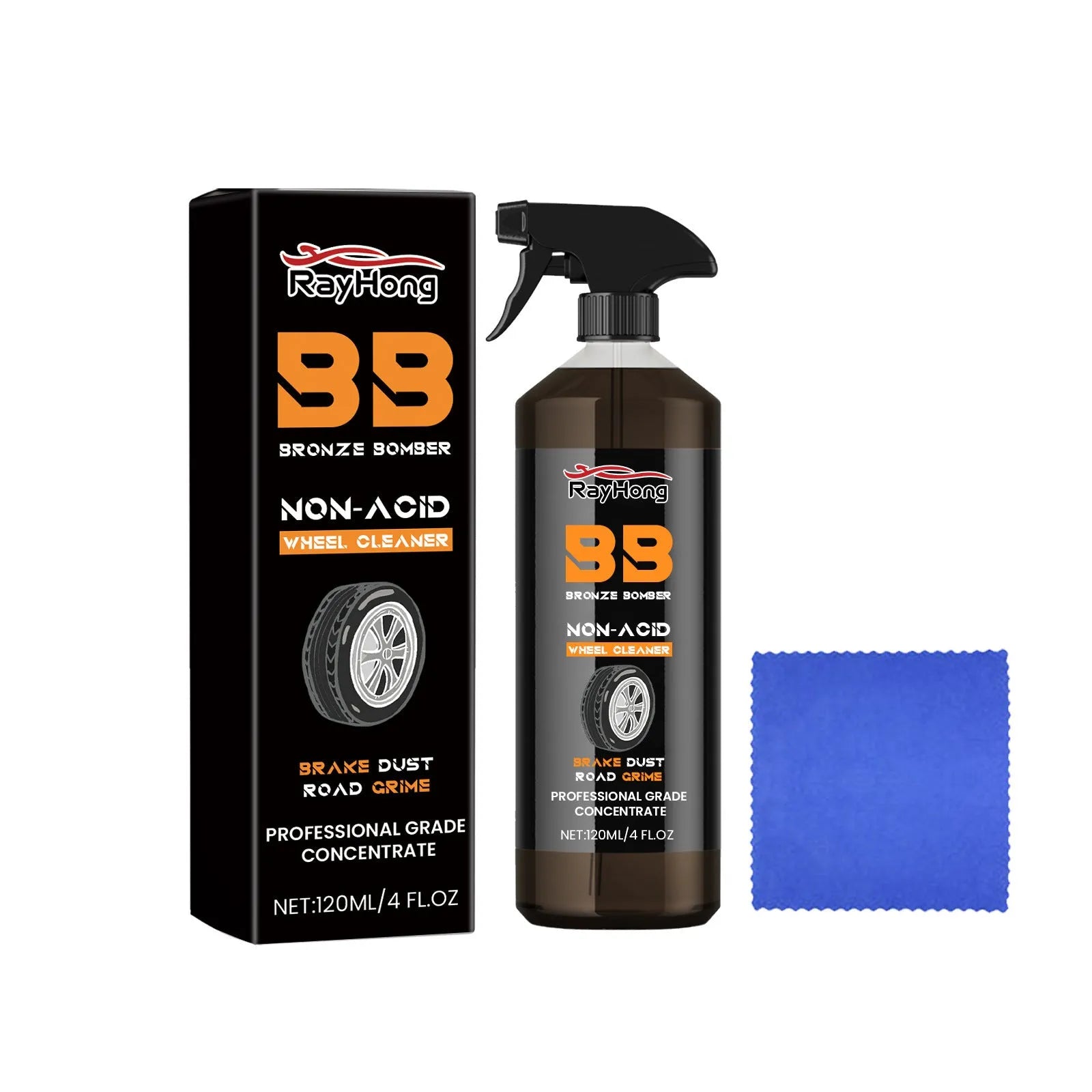 Car tyre cleaner spray bottle and microfibre towel for wheel cleaning