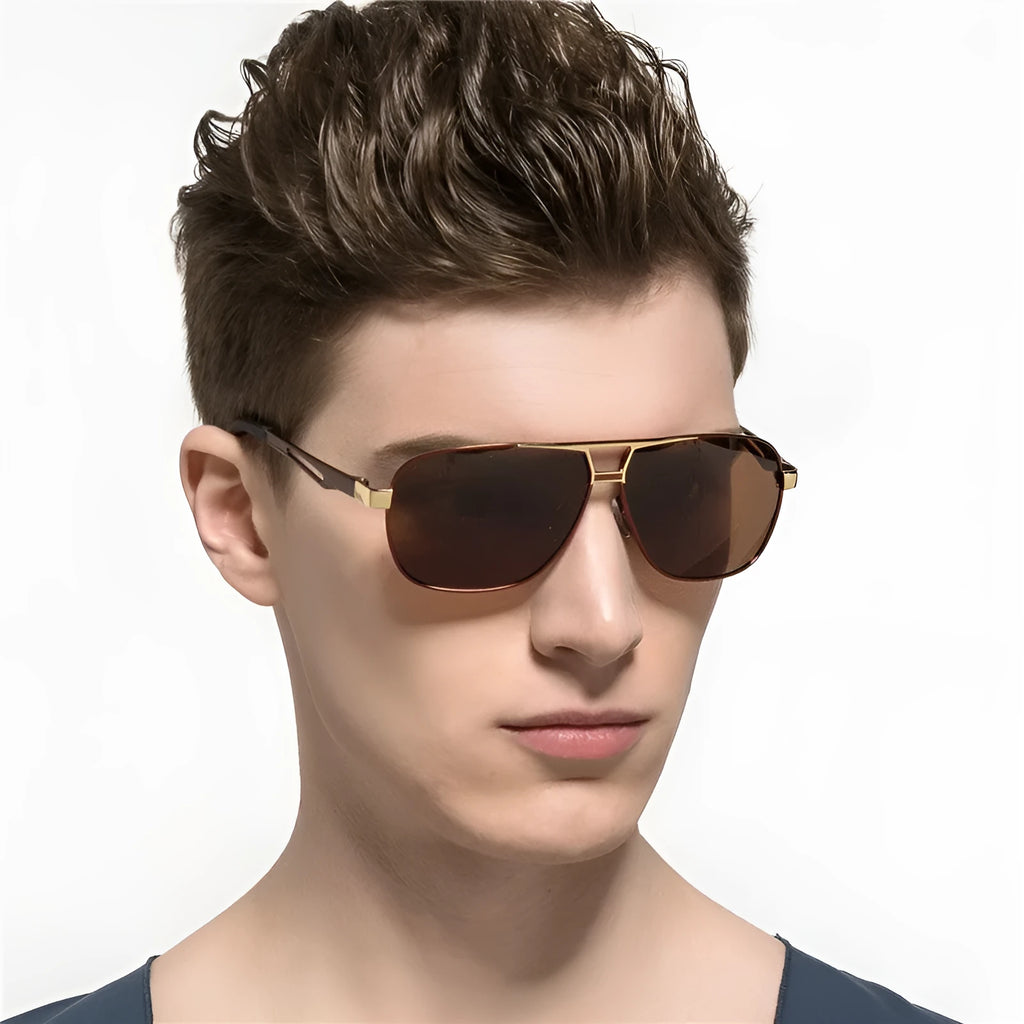 Men's orange red aviator sunglasses with polarised TAC lenses and metal frame on a plain background.