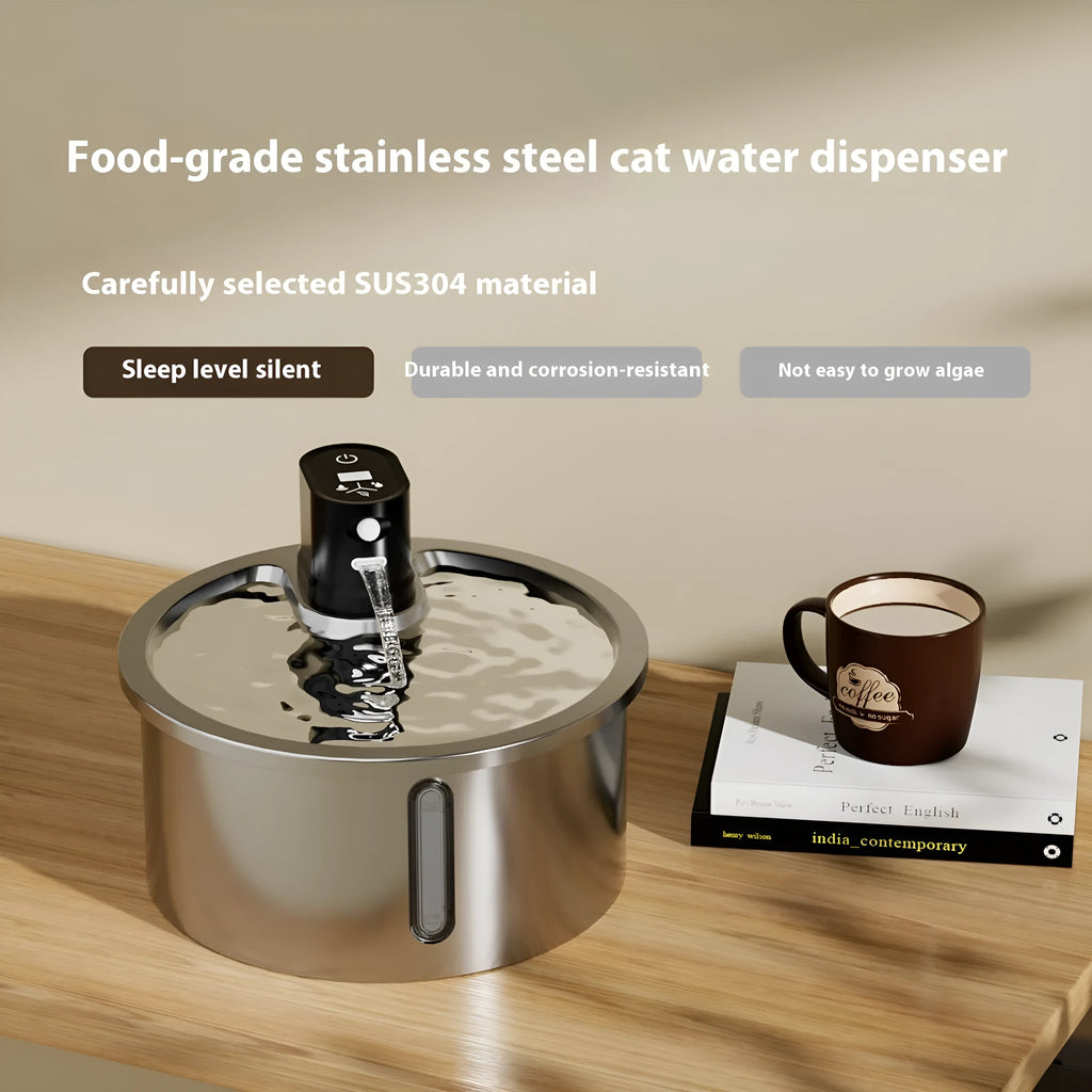 Stainless steel heated pet water fountain with a white base and temperature control settings.