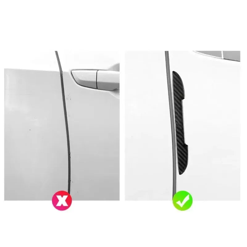 Black carbon fibre texture car door edge guard strips laid out, showing universal fit design.