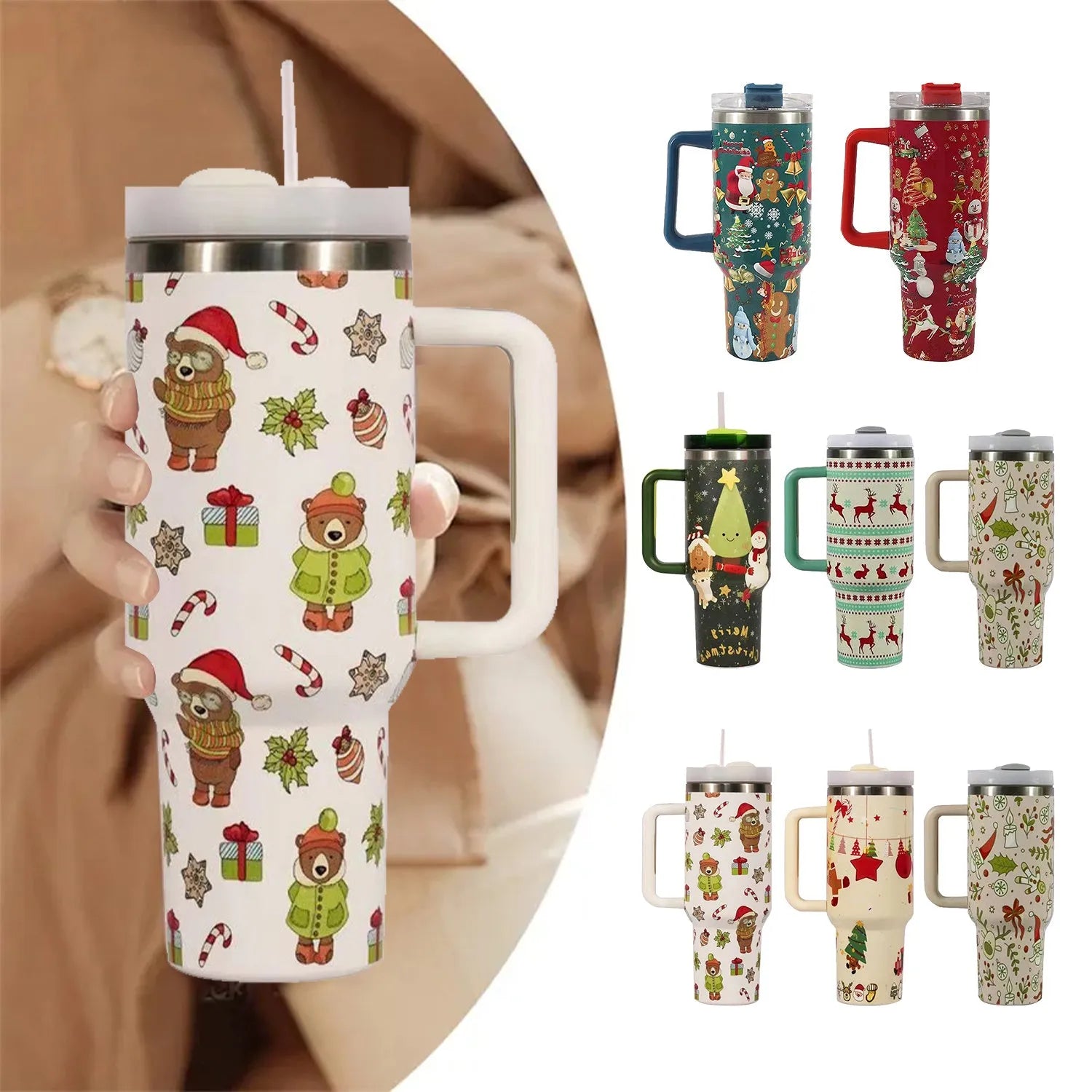 Christmas pattern stainless steel vacuum tumbler with handle and straw lid