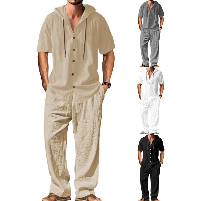 Men's cotton tracksuit set in grey, showing long sleeve top and matching trousers laid flat.
