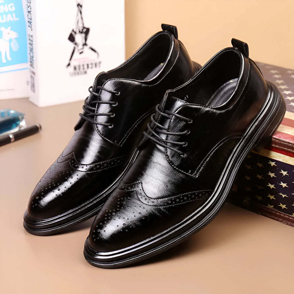 Men's anti-slip dress shoes with embossed grid pattern, round toe, and square heel in black