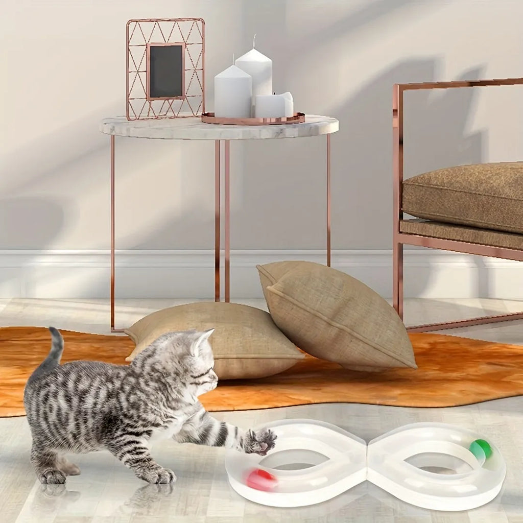 Blue and white cat turntable track toy with ball and teasing stick