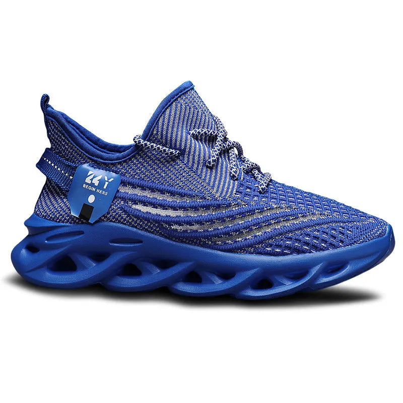Men's blue casual sneakers with mesh upper and foam sole on a white background.