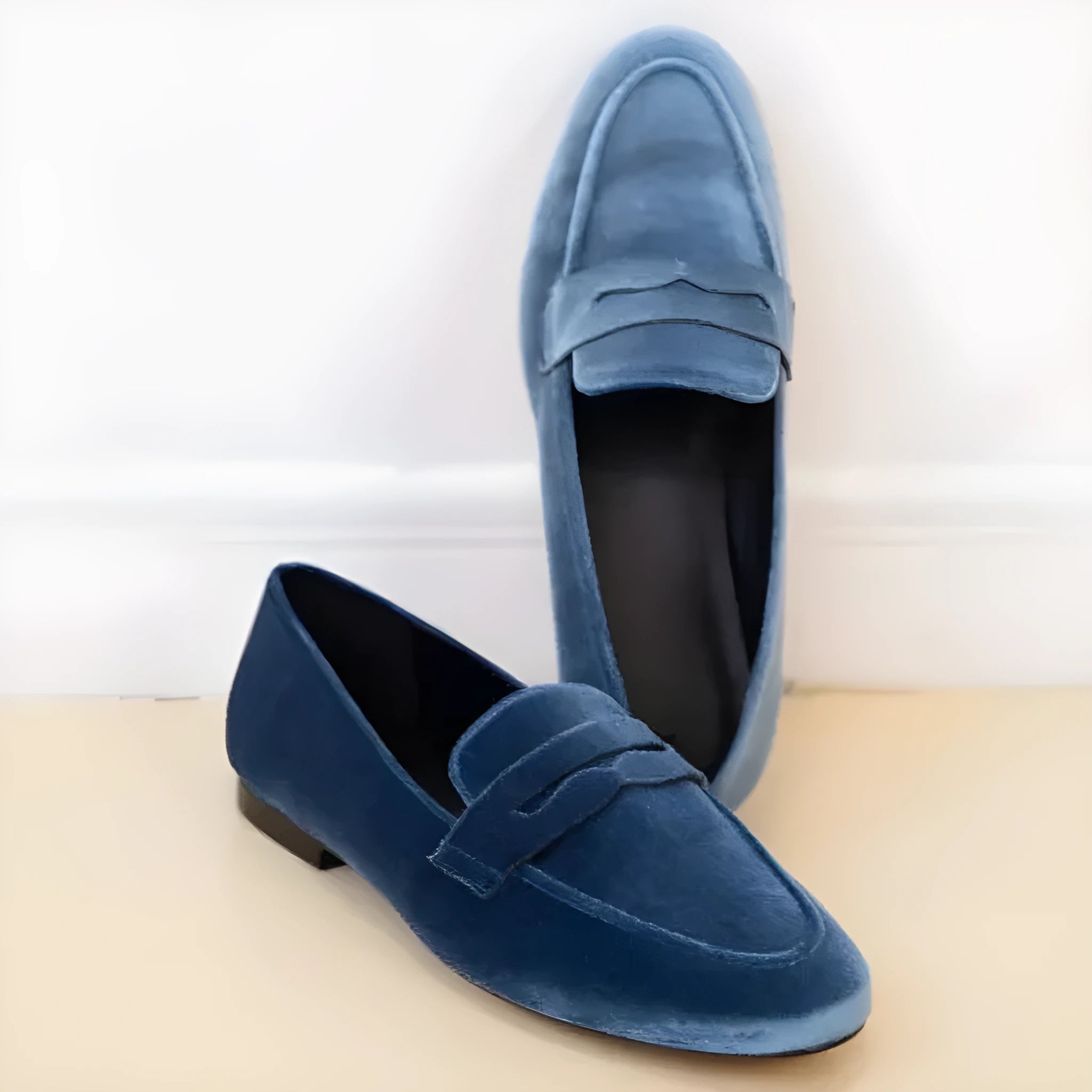 Blue and black sole plus size women's loafers with artificial PU suede upper.