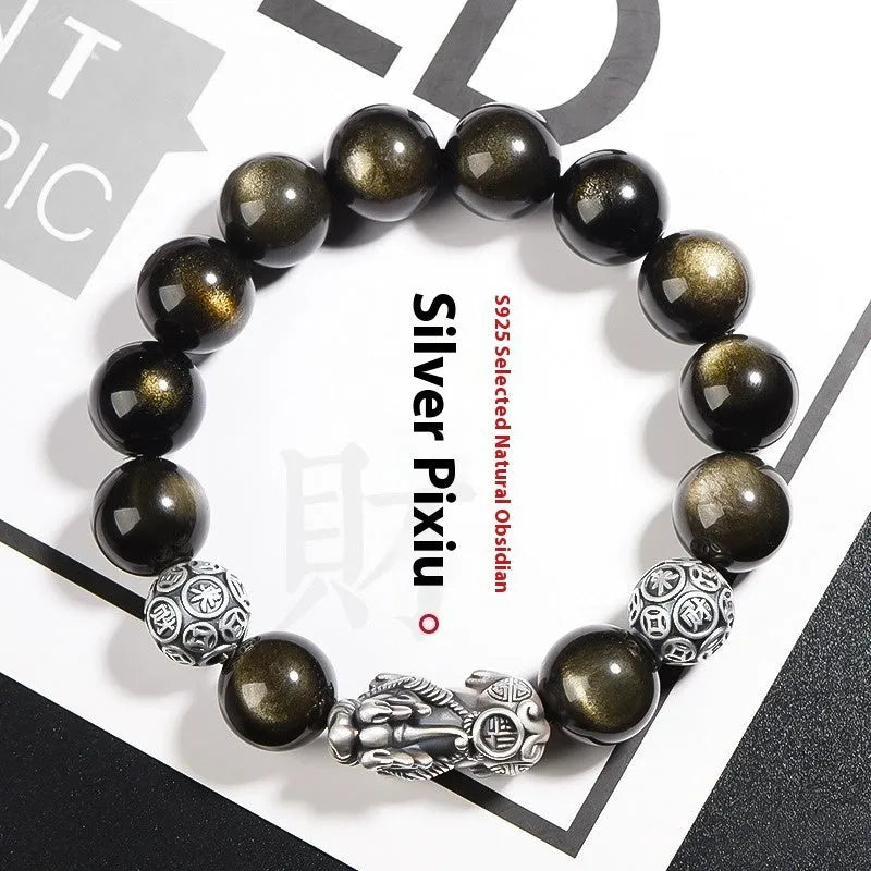 Men's geometric obsidian and sterling silver bracelet showing polished finish and adjustable sizing options